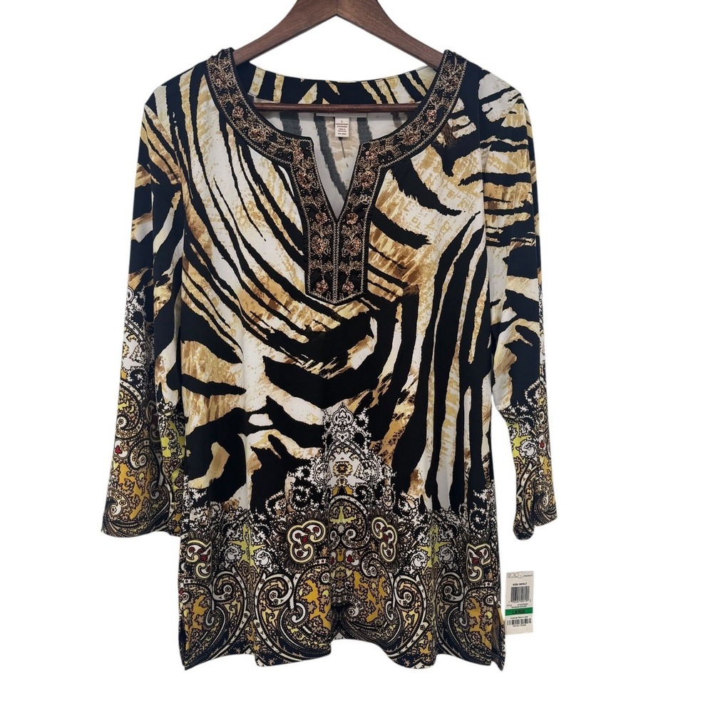 JM Collection Womens L Embellished Animal Print Tunic Top Beaded 3/4 Sleeve NWT
